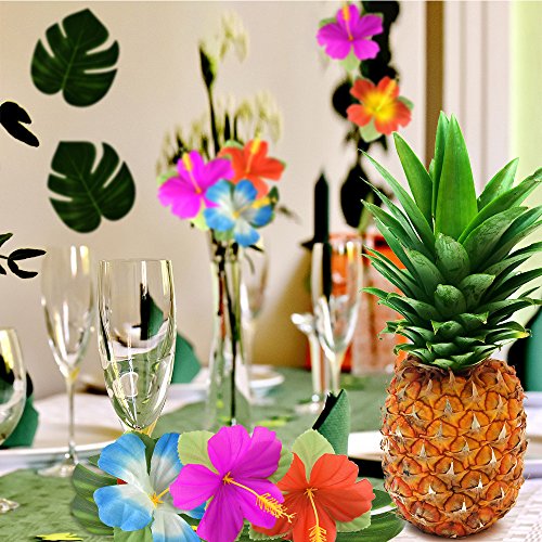 Kuuqa 60 piezas decoraciones de fiesta tropical Hojas de palmera tropical de 8 "Flores de monstera e hibisco, hojas de simulación para la fiesta hawaiana Luau Jungle Beach con tema.