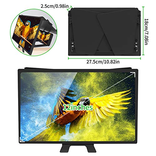 KwuLee 12" HD Lupa de Pantalla del Teléfono Soporte Plegable para Teléfonos Móviles con Amplificador de Pantallas 6D para Smartphone Proyector de Pantalla de Video de Película Ampliada (Negro)