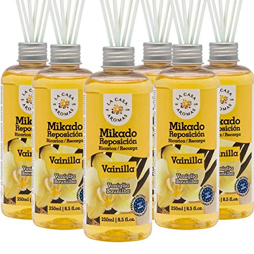 La Casa de los Aromas, Set de 6 x 250ml Ambientadores Mikado Vainilla para Reposición con Varillas, Difusor Líquido de Aroma Vainilla, Perfume Duradero para el Hogar, Baño, Casa