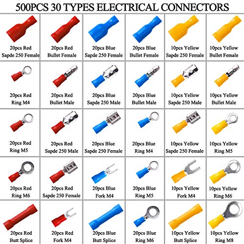 La Herramienta de Engarce de Trinquete con Orejetas de Cable de 500 Piezas, Conectores Eléctricos Aislados Incluyen Horquilla de Pala Tipo Bala y Empalme a Tope