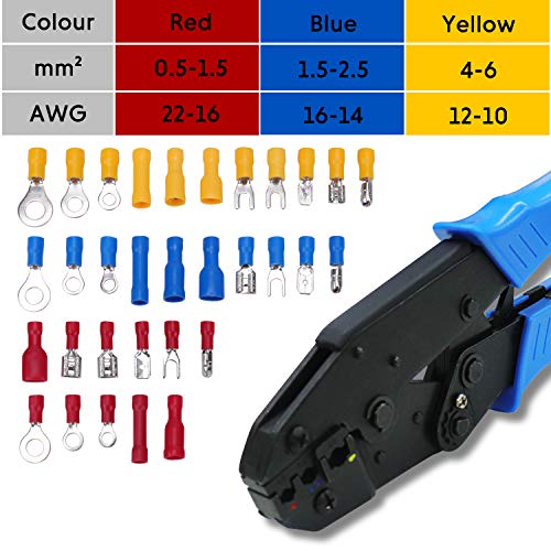 La Herramienta de Engarce de Trinquete con Orejetas de Cable de 500 Piezas, Conectores Eléctricos Aislados Incluyen Horquilla de Pala Tipo Bala y Empalme a Tope