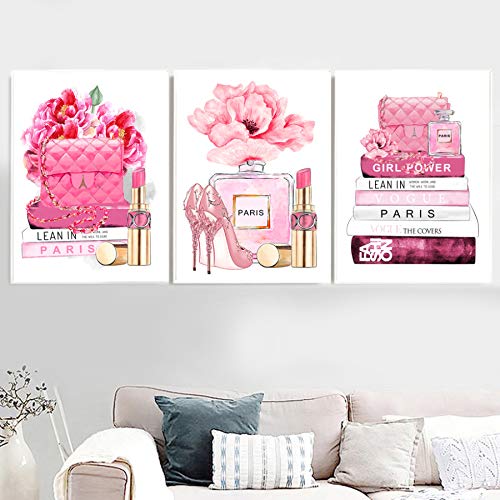 Labios rosados ​​Tacones Bolsa Libro Moda Perfume Arte de la pared Pintura en lienzo Carteles nórdicos e impresiones de la pared Cuadros para la sala de estar Decoración E 30 * 40cm * 3 unids