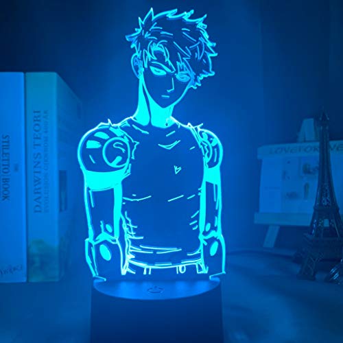 Lámpara de luz nocturna LED acrílica Anime One Punch Man Genos Figura Lámpara de escritorio 3d para niños Habitación infantil Luz nocturna decorativa Manga regalo, 7 colores sin control remoto