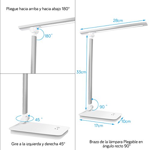 Lámpara Escritorio LED, Lámparas de Mesa USB Regulable Recargable - AUELEK 1800mAh Plegable Luz/Diseño Giratorio/Control Táctil/ 3 Niveles de Brillo/ 5 Temperaturas para Relax, Estudio, Lectura