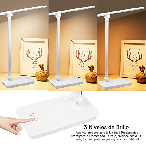 Lámpara Escritorio LED, Lámparas de Mesa USB Regulable Recargable - AUELEK 1800mAh Plegable Luz/Diseño Giratorio/Control Táctil/ 3 Niveles de Brillo/ 5 Temperaturas para Relax, Estudio, Lectura