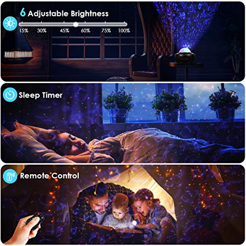 Lámpara Proyector Estrellas, Proyector de Luz Estelar 43 Modos Musica Lampara con Bocina Bluetooth/Control Remoto/Altavoz/Temporizador, LED de Luz Nocturna Giratorio Regalo Navidad