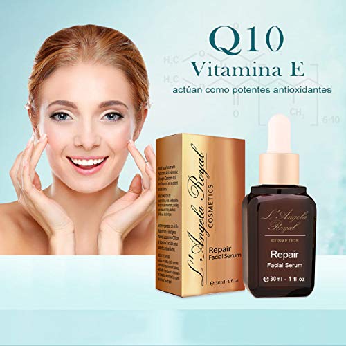 L'Angela Royal SERUM REPAIR, Serum Facial Reparador, Coenzima Q10, Vitamina E, Ácido Hialurónico, Aloe Vera, Hidratación, Tratamiento Facial, Para la Cara, Cuello y Escote, 30ml