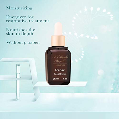 L'Angela Royal SERUM REPAIR, Serum Facial Reparador, Coenzima Q10, Vitamina E, Ácido Hialurónico, Aloe Vera, Hidratación, Tratamiento Facial, Para la Cara, Cuello y Escote, 30ml