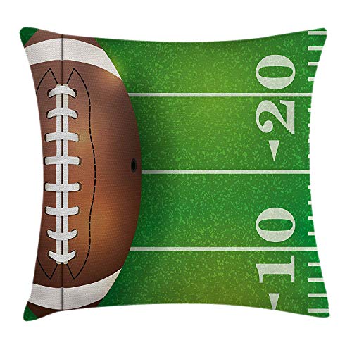 LanKa - Funda de cojín para habitación de niño, diseño de Campo de fútbol Americano y Pelota Realista con ilustración universitaria, 45,7 x 45,7 cm, Color Verde, marrón y Blanco