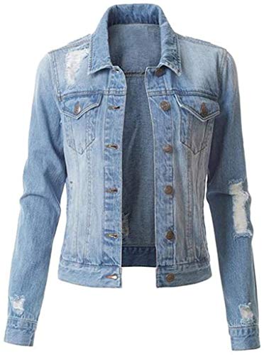 Las mujeres Cool Slim Denim Chaqueta Arrancó Distressed Jean Turn Down Collar Ropa de abrigo Novio Manga Larga Abrigo Tops