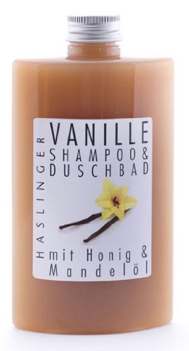 Lashuma Gel de ducha y champú de vainilla, baño de ducha con miel y aceite de almendras en juego de 2 x 200 ml