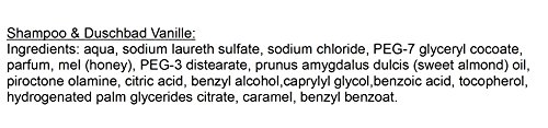 Lashuma Gel de ducha y champú de vainilla, baño de ducha con miel y aceite de almendras en juego de 2 x 200 ml