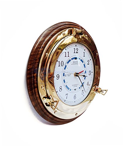 Latón náutico reloj de marea con ojo de buey y Base de madera – Capitán marítimo playa decoración del hogar regalo – Nagina internacional, madera, White ,blue , black ,red, 45,72 cm
