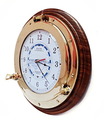 Latón náutico reloj de marea con ojo de buey y Base de madera – Capitán marítimo playa decoración del hogar regalo – Nagina internacional, madera, White ,blue , black ,red, 45,72 cm