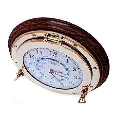 Latón náutico reloj de marea con ojo de buey y Base de madera – Capitán marítimo playa decoración del hogar regalo – Nagina internacional, madera, White ,blue , black ,red, 45,72 cm