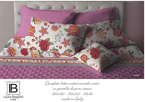 Laura Biagiotti – Sábanas de matrimonio Maxi de percal de algodón, juego de cama de dos plazas con bajera y fundas de almohada