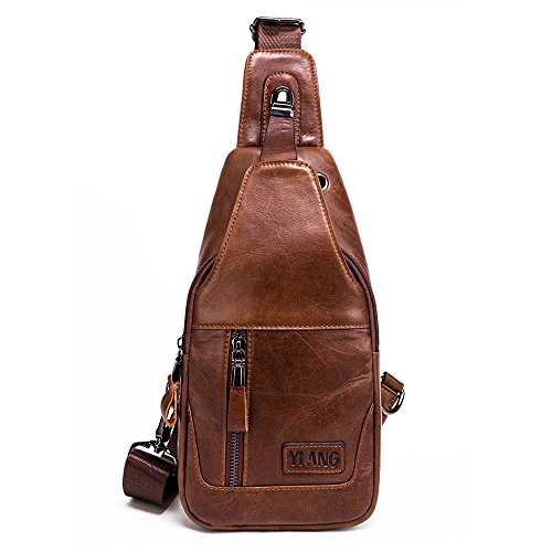 Leathario Bolso Mochila de Pecho Piel Cuero para Hombres con Cuero Compuesto para Diario o Trabajo. (Marrón 2)