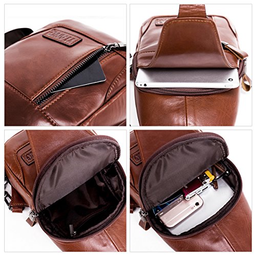 Leathario Bolso Mochila de Pecho Piel Cuero para Hombres con Cuero Compuesto para Diario o Trabajo. (Marrón 2)