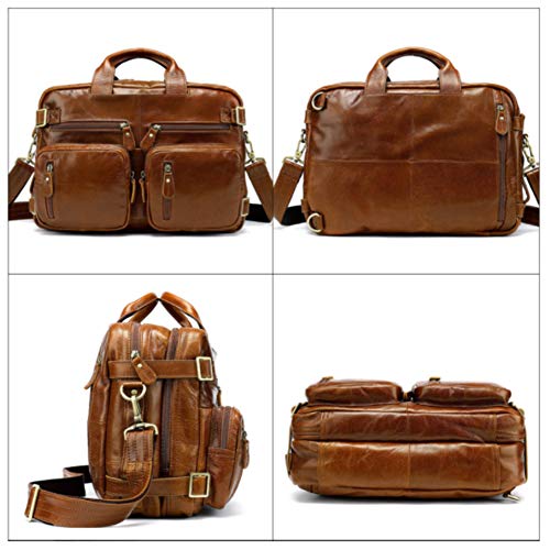 Leathario Maletín Bolso Hombro Convertible Cuero Auténtico Mochila de Ordenador Portátil 14 Pulgadas Casual Bolsa de Mensajero Bandolera de Mano Piel