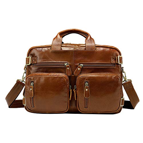 Leathario Maletín Bolso Hombro Convertible Cuero Auténtico Mochila de Ordenador Portátil 14 Pulgadas Casual Bolsa de Mensajero Bandolera de Mano Piel