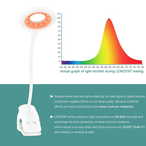 LENCENT Luz Lectura Lámpara de Escritorio 28 LED Recargable with Blue Light Blocking, 9 Modos de Brillo (LED Ámber y blanco) Lámpara de Libro Clip, Pinza de LED en la Lámpara Batería