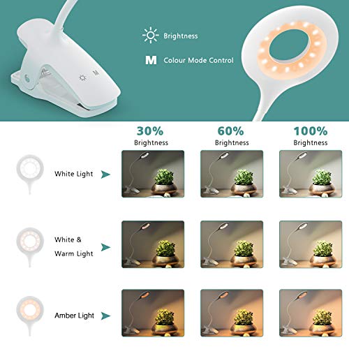 LENCENT Luz Lectura Lámpara de Escritorio 28 LED Recargable with Blue Light Blocking, 9 Modos de Brillo (LED Ámber y blanco) Lámpara de Libro Clip, Pinza de LED en la Lámpara Batería