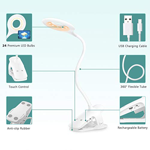 LENCENT Luz Lectura Lámpara de Escritorio 28 LED Recargable with Blue Light Blocking, 9 Modos de Brillo (LED Ámber y blanco) Lámpara de Libro Clip, Pinza de LED en la Lámpara Batería