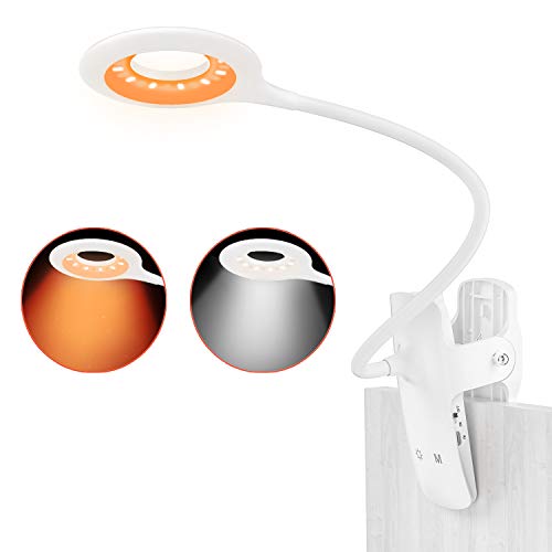 LENCENT Luz Lectura Lámpara de Escritorio 28 LED Recargable with Blue Light Blocking, 9 Modos de Brillo (LED Ámber y blanco) Lámpara de Libro Clip, Pinza de LED en la Lámpara Batería