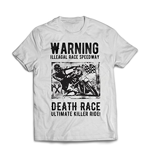 lepni.me Camisetas Hombre Carrera de la Muerte: Paseo definitivo, Carreras de Motos, Motorista de cráneo, clásico, Vintage, Moto Retro (Large Blanco Multicolor)