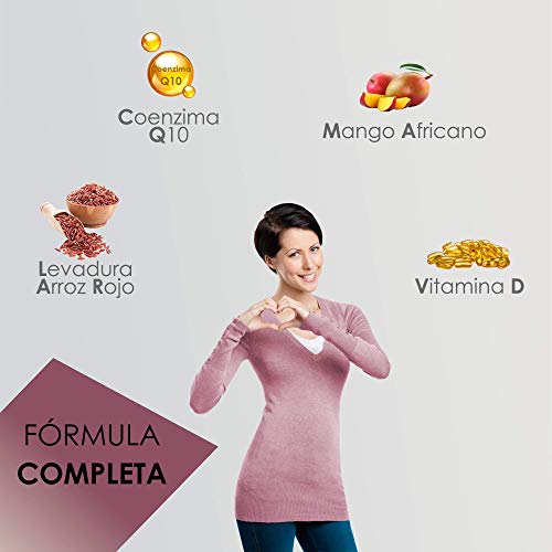 Levadura de arroz rojo para reducir y bajar los niveles de colesterol LDL y aumentar el nivel de HDL | Levadura de arroz rojo + coenzima Q10 + resveratrol + mango africano + vitamina D | 60 cápsulas