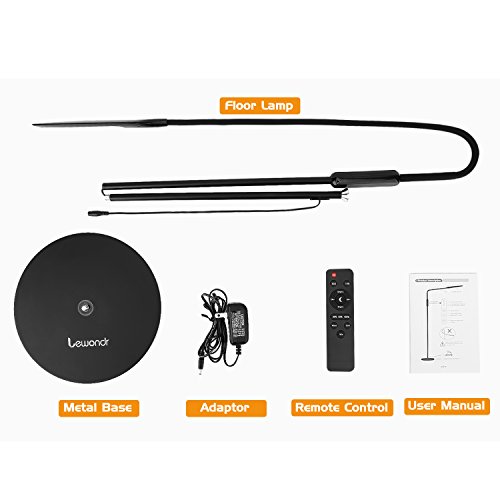 Lewondr Lámpara de pie LED, Lámpara de Pie para Lectura con Control Remoto, Cuello de Ganso Flexible, Brillo/Temperatura de Color Sin Escalonamientos,Función de Memoria para el Dormitorio, Negro
