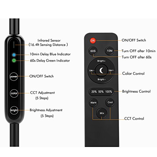 Lewondr Lámpara de pie LED, Lámpara de Pie para Lectura con Control Remoto, Cuello de Ganso Flexible, Brillo/Temperatura de Color Sin Escalonamientos,Función de Memoria para el Dormitorio, Negro