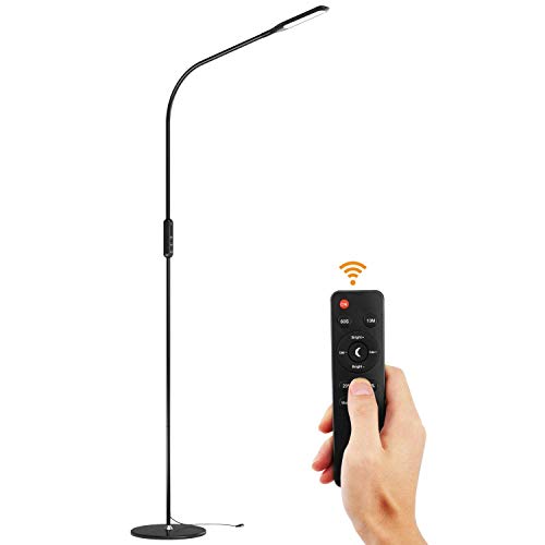 Lewondr Lámpara de pie LED, Lámpara de Pie para Lectura con Control Remoto, Cuello de Ganso Flexible, Brillo/Temperatura de Color Sin Escalonamientos,Función de Memoria para el Dormitorio, Negro