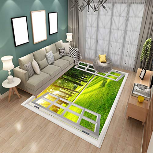 LGXINGLIyidian Alfombra Personalizable Ventana Falsa Creativa Bosque Verde Prado Impresión 3D Sala De Estar Dormitorio Alfombra Cálida 140X200Cm