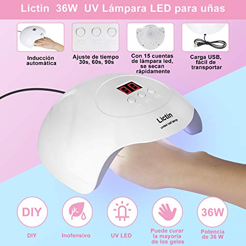 Lictin kit Lampara Uñas de Gel-Lámpara Secador de Uñas UV/LED con 4 * 15ml Extension Glue, 100 Pcs Uñas, 3 * Polvo de Uñas, Seguro y Fácil, Adecuado Para Manicuristas, Principiantes