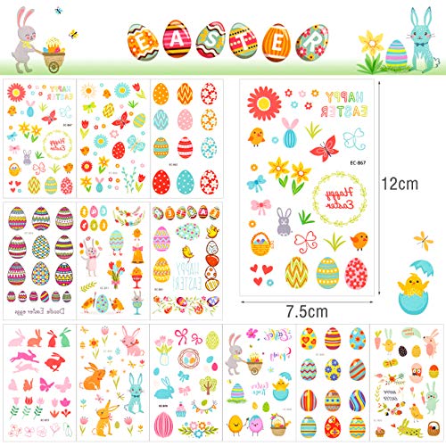 LIHAO 12 Hojas de Tatuajes Temporales de Pascua para Niños Pegatinas de Pascua Decoración Dibujos Conejo Pollo Huevo Flores