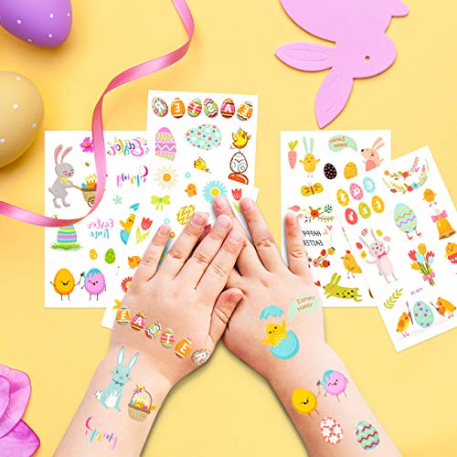 LIHAO 12 Hojas de Tatuajes Temporales de Pascua para Niños Pegatinas de Pascua Decoración Dibujos Conejo Pollo Huevo Flores