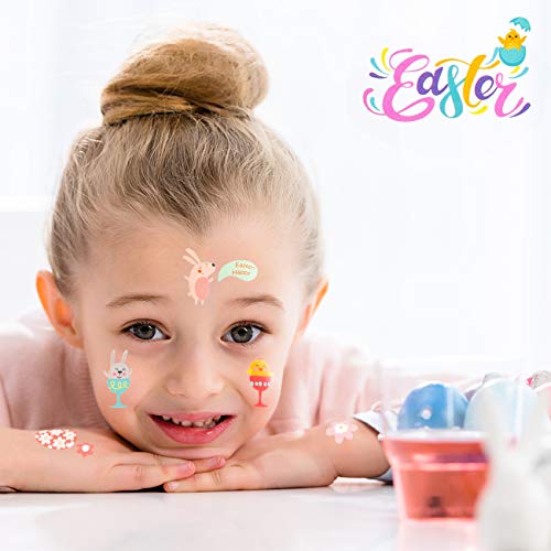 LIHAO 12 Hojas de Tatuajes Temporales de Pascua para Niños Pegatinas de Pascua Decoración Dibujos Conejo Pollo Huevo Flores