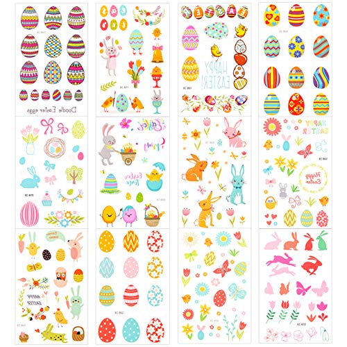 LIHAO 12 Hojas de Tatuajes Temporales de Pascua para Niños Pegatinas de Pascua Decoración Dibujos Conejo Pollo Huevo Flores