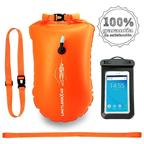 LimitlessXme Boya De Natacion con Bolsa Seca Plus Bolsillo Impermeable Celular. Visibilidad y Seguridad al Nadar en el mar y en el Lago.