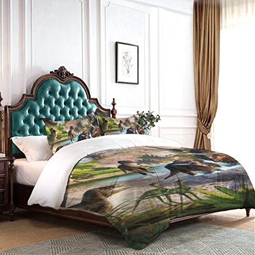 LINARUBE Juego de Ropa de Cama-Un Grupo de Diferentes Tipos de Dinosaurios Jugando en el Agua,Juego de Funda Nórdica y 2 Funda de Almohada(Single 135x210cm)