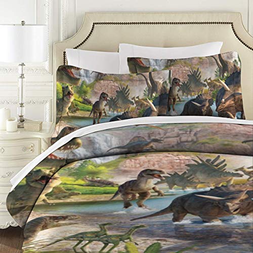 LINARUBE Juego de Ropa de Cama-Un Grupo de Diferentes Tipos de Dinosaurios Jugando en el Agua,Juego de Funda Nórdica y 2 Funda de Almohada(Single 135x210cm)