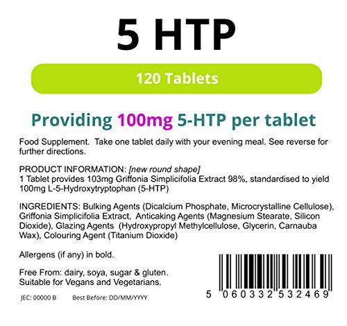 Lindens 5HTP 100mg Pastillas 120 Pack 102.5mg GRIFFONIA SIMPLICIFOLIA Extracto 98 %, Estandarizada A Rendimiento 100mg 5-htp