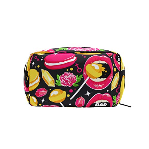 Lip Rose Macaron - Bolsa de maquillaje pequeña para maquillaje con diseño de macarón, para mujer y niñas, funda de aseo con compartimentos y accesorios de viaje