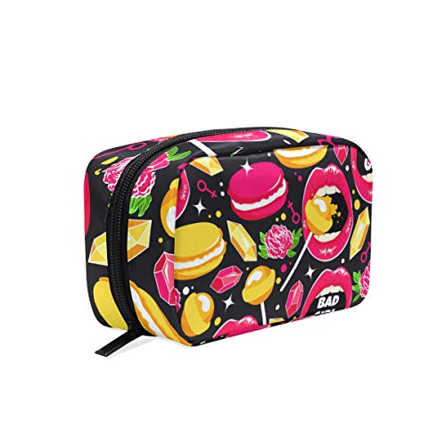 Lip Rose Macaron - Bolsa de maquillaje pequeña para maquillaje con diseño de macarón, para mujer y niñas, funda de aseo con compartimentos y accesorios de viaje