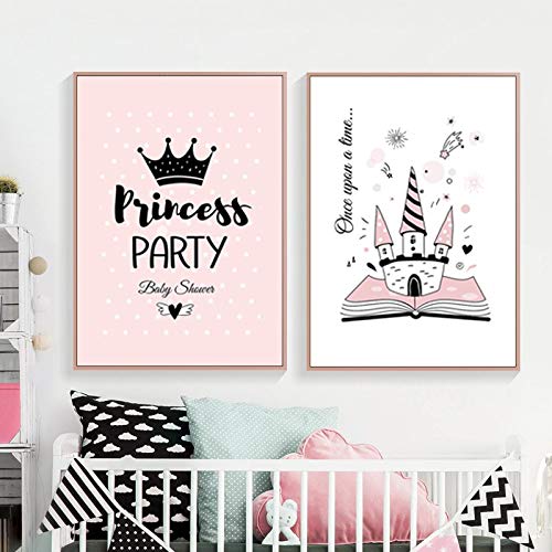 LKJHGU Dibujos Animados Modernos Rosa Princesa Corona Castillo Impresión en Lienzo Pinturas Nursery Pop Arte de la Pared Imágenes Póster Habitación de Las niñas Decoración del hogar 55x75cm