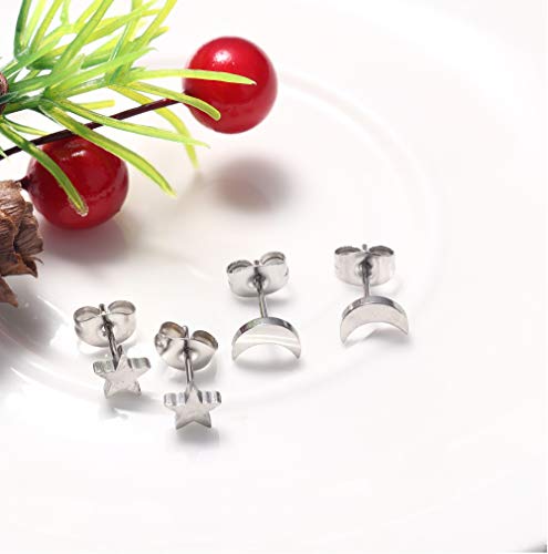 LOLIAS 4 Pares Acero inoxidable Pendientes Aro para Mujeres Niñas Pendientes Pequeños Aretes Estrella Luna Piercing Stud de Cartílago Huggie