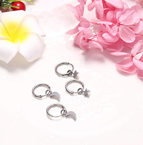 LOLIAS 4 Pares Acero inoxidable Pendientes Aro para Mujeres Niñas Pendientes Pequeños Aretes Estrella Luna Piercing Stud de Cartílago Huggie
