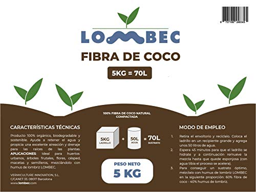 LOMBEC Fibra de Coco Bloque de 5KG (70L) - Ladrillo compactado de Fibra de Coco deshidratada (Peso Neto: 5KG) - Medio de Cultivo Ideal para huertos urbanos