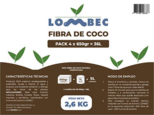 LOMBEC Fibra de Coco Pack de 4 x 650gr (36L) - Ladrillos compactados de Fibra de Coco deshidratada (Peso Neto: 2,6KG) - Medio de Cultivo Ideal para huertos urbanos